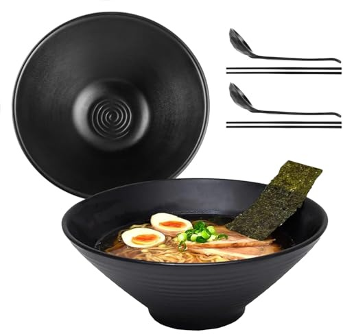 WEIWUXIAN Set med 2 stora japanska ramenskålar med träskedar och sked 1000ml Skålar för nudlar och ramen i melamin Keramikramenuppsättning för udon, sallad, pho-soppa (1000ml)