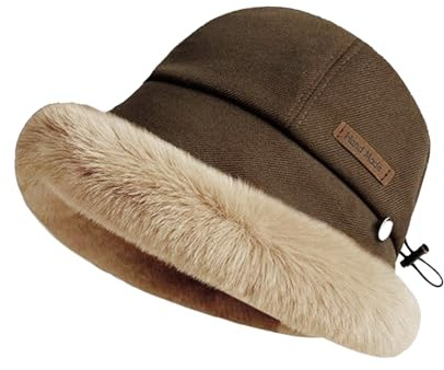 Koerye Gorra de Pescador Mujer Invierno Elegante Sombrero de Pescador con Forro Polar Gorro de Cubo Felpa Piel Sintética Bucket Hat Café