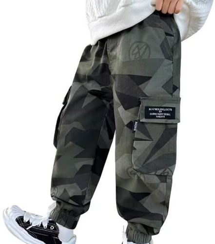 Boy's Cargo Pants with Multi Pockets Camo Cargo Sweatpant for Kids Stretchy Waist Loose-fit Jogging Bottoms Durable Outdoor Play School Trousers Boy Comfortable Activewear Lounge Pants