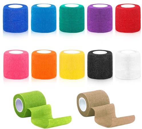 CIOXSOIO 12 Rotoli Benda Elastica Autoadesiva, 5cm x 4,5m Benda Elastica Coesiva, Non Tessuto Bendaggio Adesiva Coesiva Nastro Bendaggio Sportivo, Benda Salvapelle Fasciature per Mani Piedi Ginocchia