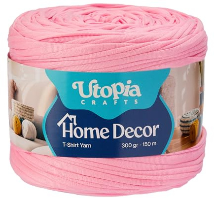 Utopia Crafts T-Shirt Fettuccia Uncinetto 300g 150m – Filo Morbido Elastico per Cestini, Borse, Tappeti, Macramè & Decorazione Casa, Oeko-Tex (Rosa Corallo)