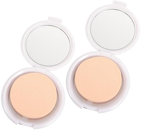 SILENRADAWN Boîte à Coussin Facile à Contrôler Crème Ronde 2pcs en Plastique avec Miroir Intégrée et Houppette en Éponge Maquillage Quotidien