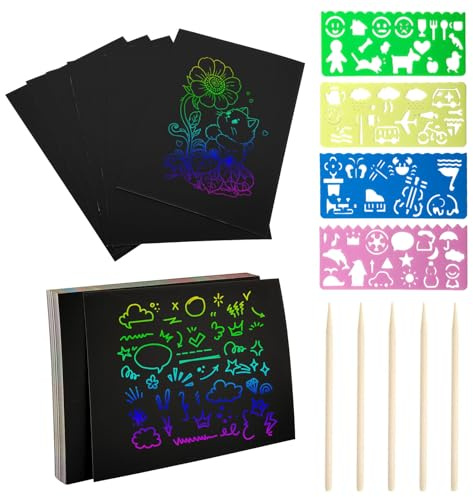 znqdiy 50-Sheet Children's sketchpad Set, Rainbow Scratch Art | Includes Wooden Pencils and templates, Rainbow Scratch Paper | Ideal for Children's doodling and DIY Crafts