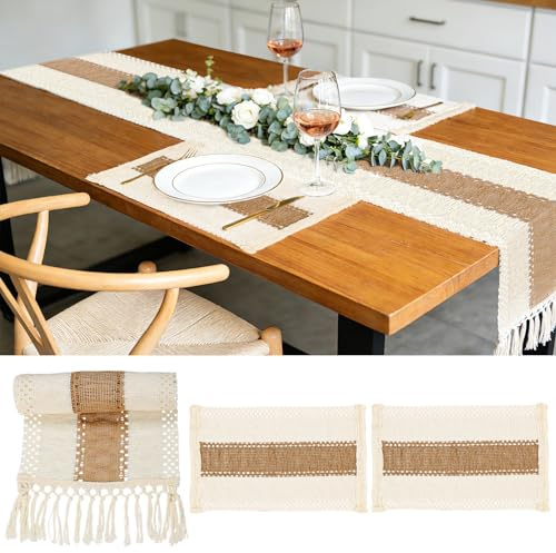 BLMHTWO 3PCS Boho Macrame Table Runner Set with Table Mats,Farmhouse Rustic Woven with Tassels Table Runner Placemats Linen Coffee Table Runner For Kitchen Table Dresser Bedroom Home Decor