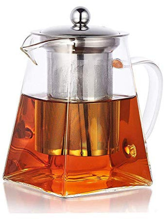 Pluiesoleil Borosilicate Glass Teapot, Loose Leaf Teapots with Infuser, Square Tea Pot with Strainer, Stovetop Microwave Safe Teapot for 2