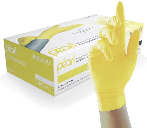 Unigloves Yellow Pearl Nitrile Examination Gloves | Multipurpose, Powder Free and Latex Free Disposable Gloves Box of 100 Gloves, Yellow, Extra Small (GP0111)