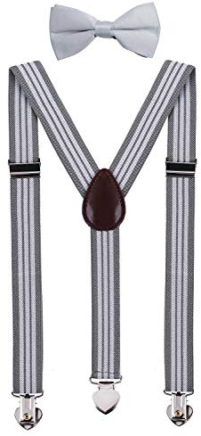 WDSKY Boys' Suspenders and Bow Tie Set Adjustable with Heart Clips 30 Inches Grey Stripe