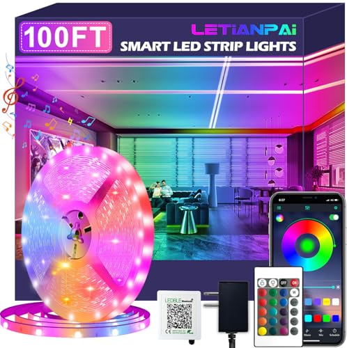 100ft Led Strip Lights,Long Smart Led Light Strips Music Sync 5050 RGB Color Changing Rope Lights,Bluetooth APP/IR Remote/Switch Box Control Led Lights for Bedroom,Home Decoration,Party,Festival