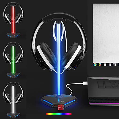 ALACOO RGB Headset Holder, Headphone Stand with 2 USB 2.0 Extension Charging Port, Type C Input & Output, PC Gaming Accessories for Desk with 5 Light Modes (Extender Cord Included)