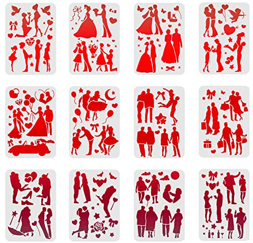 FINGERINSPIRE 12 Stück Liebes Schablonen Zeichnung Malvorlagen Sets 29,7x21cm Kunststoff Valentinstag Malschablonen Romantische Liebesvorlagen Sets zum Malen auf Holz, Boden, Wand und Fliesen