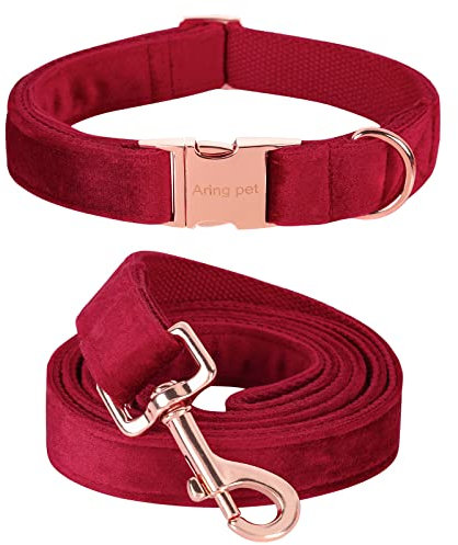 ARING PET Hundehalsband und Leine aus Samt, Niedliches Rotes Hundehalsband und Leine, Verstellbares Halsband aus Weichem Samt mit Metallschnalle für Kleine Mittelgroße Große Hunde