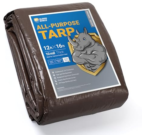 GUARD SHIELD Tarps Heavy Duty Waterproof 12x16 Feet Brown/Bright Silver Poly Tarp Cover Outdoor Thick UV Resistant Tarpaulin with Grommets 10mil