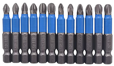 Fongmore Juego de 12 puntas de destornillador magnético de acero S2 50 mm de acero antideslizante PH1 PH2 PH3 PZ1 PZ2 PZ3 1/4 Broca hexagonal con vástago hexagonal