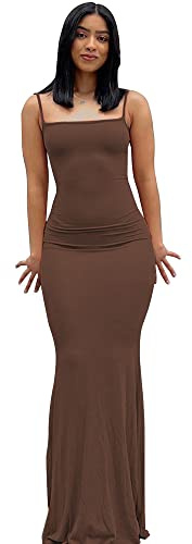 TOFBS Mujer Vestido Largo Casual Tirantes Vestido Ajustado sin Mangas Sexy Elegante Bodycon Maxi Vestido Verano para Cóctel Fiesta Partido Playa Club (Marrón,S)