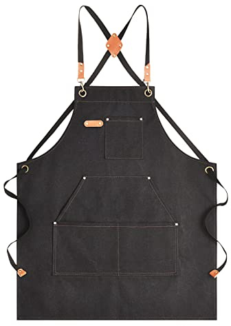 Aoomzoon Canvas Aprons for Men Chef Apron, Work Apron with Large Pockets - Durable 16oz Heavy Duty Cross Back, BBQ, Cooking (Black②, 1 Pack)