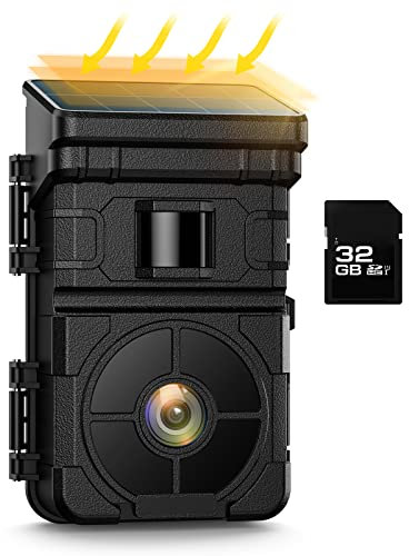 CAMWORLD Wildkamera,24MP 1080P Solar Wildkamera mit Bewegungsmelder Nachtsicht 120° Erfassungs Winkel IP66 Wasserdicht Wildtierkamera 0,1 s Auslösezeit Trail Camera,Jagdkamera mit 32G Speicherkarte