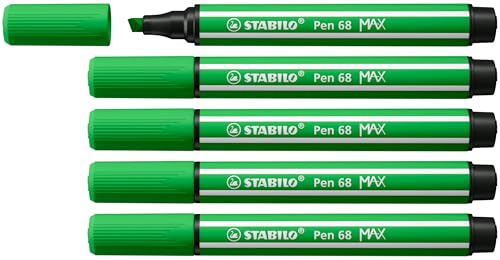 STABILO Pen 68 MAX - Premium Fibre-Tip Pen with Chisel Tip - ARTY - Pack of 5 - Leaf Green