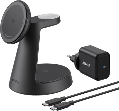 Anker MagGo Cargador Inalámbrico iPhone 3 en 1 con MagSafe 15W(Soporte de Carga), Cargador Magnético con Certificación Qi2, para iPhone 17/16/15 Air, Apple Watch, AirPods Pro y más(Adaptador Incluido)