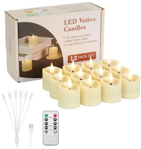 IMAGE Lot de 12 bougies votives rechargeables à piles avec mèche 3D Ivoire - Bougies votives sans flamme avec minuteur - Bougies vacillantes pour décoration d'intérieur
