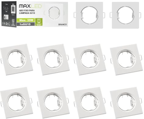 Maxled, Light is Led! 10-Pack Inbyggnadshållare För Led-Spotlampa Gu10, Håldiameter Ø55mm, Aluminiummetall, Vit Kvadratisk Takinbyggnadskring För Ljuskällor, Led-Takspot Inbyggnadslampa