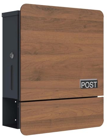 SCHARTEC SPB-5 Boîte aux lettres murale en bois foncé avec compartiment à journaux moderne et grande