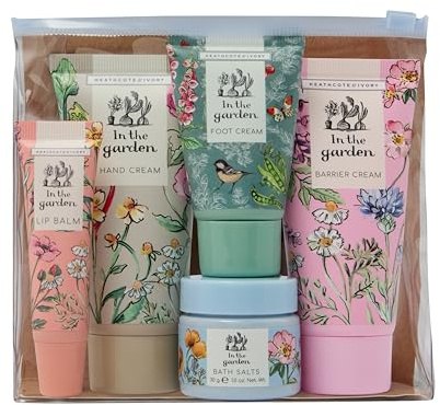 Heathcote & Ivory Hand and Barrier Cream x2 50ml, Foot Cream 30ml, Bath Salts 30g, Lip Balm 10ml, Top to Tow Kit, Shea Butter, Moisturiser, Gardening Gift, Travel Size, Vegan and Cruelty Friendly