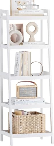 SMIBUY Bambusleiter-Bücherregal, Badezimmer-Aufbewahrungsregal-Organizer, freistehender Pflanzenständer Platzsparende Regale für Schlafzimmer, Küche, Balkon (Weiß, 5 Ablagen (127cm H))
