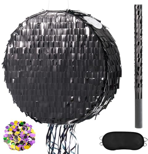 WERNNSAI Black Round Pinata Black Pinata with Blindfold Stick Confetti | Adult Birthday Party Halloween Decoration Celebration Fiesta Supplies Creative Party Decoration Supplies