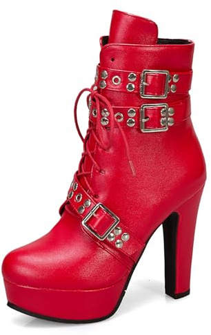 Bellirala Women's Studded Buckled Combat Boots Chunky High Heels Platform Ankle Booties Goth Punk Lace Up Knight Biker Boots with Zipper Red Size 9