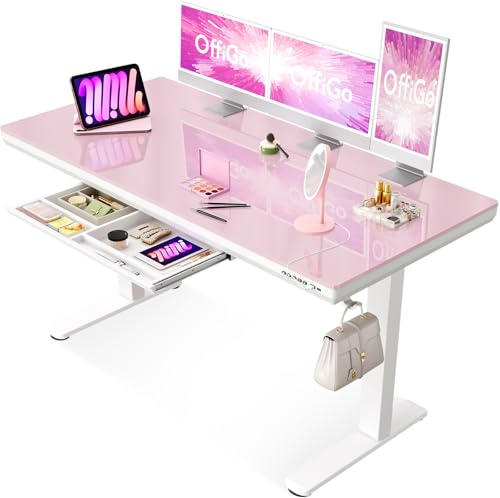 OffiGo Glas Skrivbord Reglerbart med Låda, 140 x 60cm, Rosa | Elektriskt höjdjusterbart skrivbord, med USB och Type-C, Lådor för Hemmet