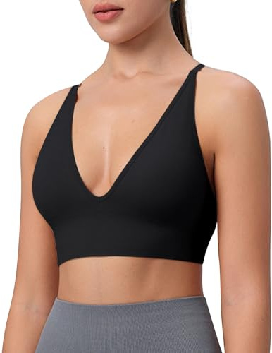 Runmeihe Sports Bras for Women with Padded Deep V Seamless Wirefree Criss Cross Bralette for Workout Yoga Crop Top Bra (UK, Alpha, M, Regular, Regular, Black)