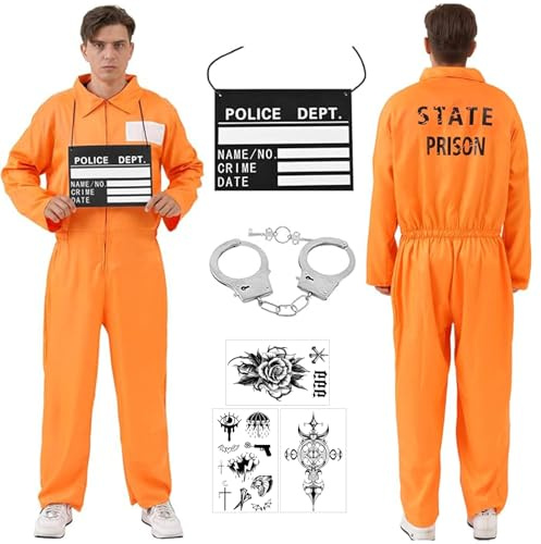 LOEPENLE Ensemble de costume de prisonnier pour homme, combinaison orange avec kit d'accessoires de prison, déguisement de détenu pour Halloween, carnaval, cosplay
