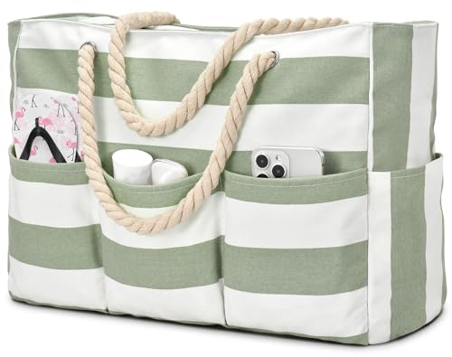oscaurt Extra Large Beach Tote Bag with Zip and Rope Waterproof Handbags for Women 7 Pockets Shoulder Gym Bag Summer Holiday Essentials Gifts for Women Picnics Short Trips Study Saunas