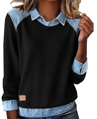 Polo à manches longues pour femme - Chemises d'affaires décontractées de travail - Hauts henley à col chemisier - Blouse à col en V avec blocs de couleurs - Pullover en denim patchwork - Sweat-shirt