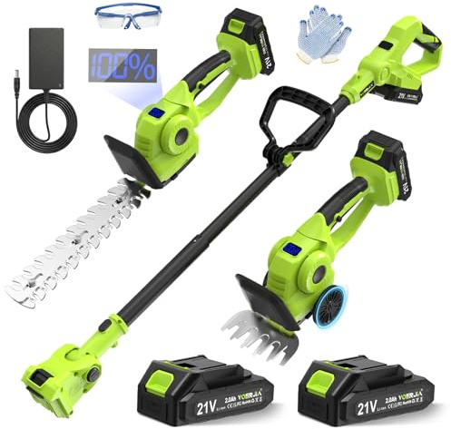 VOERJIA Forbici per erba a batteria 4 in 1 con asta di prolunga da 115 cm (portata 165 cm), cesoie da giardino da 21 V con ruote, 650 W, 180° regolabile, 2 batterie – per bordi, siepi e taglio