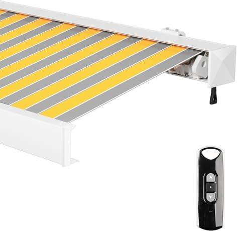 paramondo Markise Kassettenmarkise Line Gelenkarmmarkise Balkon Terrasse Sichtschutz, mit jarolift Funkmotor, Vollständig zusammengebaut, 4 x 3 m, Gestell: Weiß, Stoff: Block, Gelb-Grau
