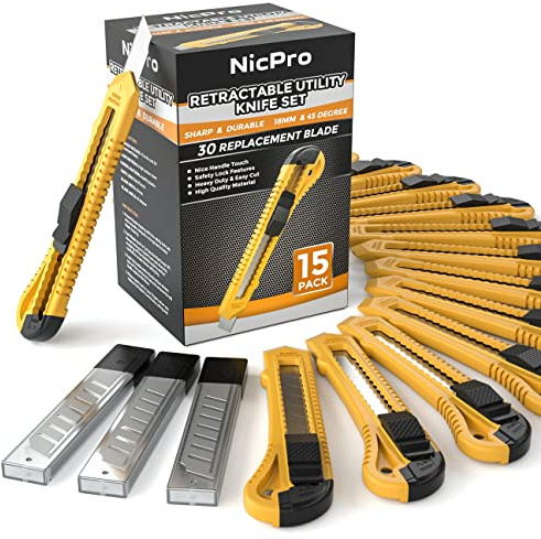 Nicpro 15 Pack Utility Knives with 30 PCS Extra Blades, Plastic Box Cutters Bulk Retractable Razor Knife Snap Off Blades 18mm for Heavy Duty Office, Home, Arts Crafts, Hobby