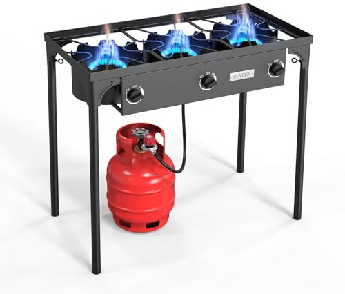 ROVSUN 3 Burner Propane Gas Stove, 225,000 BTU High Pressure Outdoor Camping Burner with CSA Listed Regulator, Picnic Cooker Perfect for Home Brewing Maple Syrup Patio Turkey Frying Canning