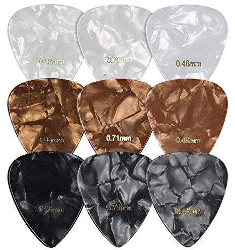 kwmobile 9x Gitarren Plektrum Blättchen - 3 verschiedene Stärken 0,46mm 0,71mm 0,96mm - Plektren Set für akustische Gitarre E-Gitarre - in 3 Farben