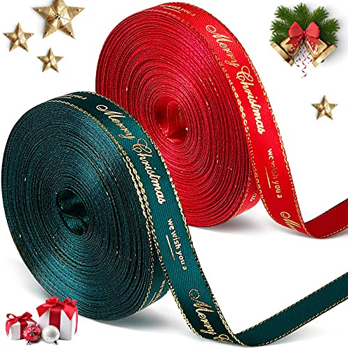 Syhood 2 Rouleaux Ruban de Noël pour Emballage de Cadeau, 10 mm x 9 Mètres Chacun, Ruban de Noël d'Artisanat Ruban Gros-Grain en Satin pour Fête de Noël DIY Artisanat(Style classique,Vert, Rouge)