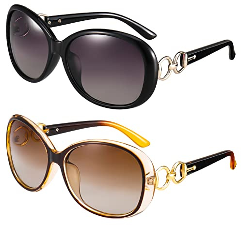 FANTESI 2 Pairs Womens Oversized Sunglasses Ladies Polarised Retro Sun Glasses Big Frame UV Protection Sunglasses Eyewear