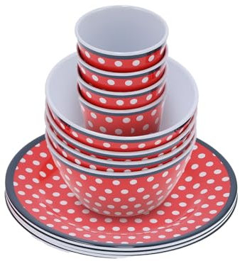 12 Pièces/ensemble Ensemble De Vaisselle Ménagère Ensemble De Vaisselle En Mélamine Avec élégant Motif à Pois Rouge Cadeau De Pendaison De Crémaillère Pour les Femmes Au Foyer Hôtel Restaurant Maison