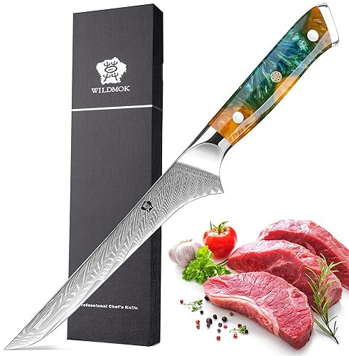 WILDMOK Couteau à désosser, couteau à filet de 17.8cm, couteau de désossage en acier damas japonais, couteau à filet forgé à la main pour la viande de poisson volaille débonage avec la résine