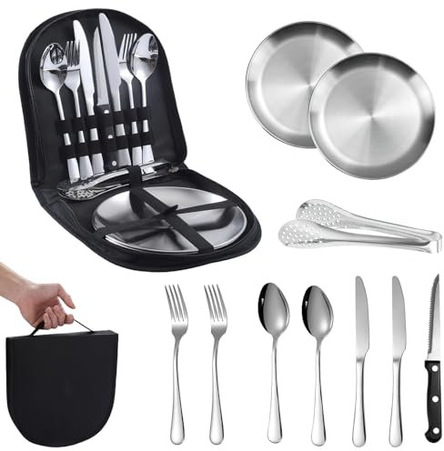 10 Stück Camping Geschirr Set 2 Personen, shallyong Camping Teller Set, Picknick Besteck Edelstahl, Portable Outdoor Besteck Campingbesteck Set mit Reißverschluss Bestecktaschen für Reisen