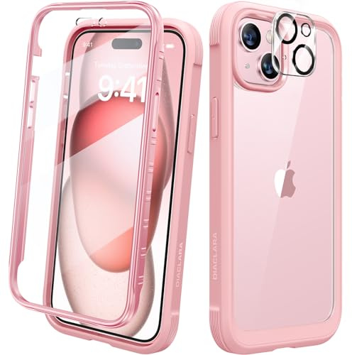 Diaclara Designed for iPhone 15 Case, Full Body Rugged Case with Built-in Touch Sensitive Anti-Scratch Screen Protector, with Camera Lens Protector for iPhone 15 6.1 (Coral Pink)