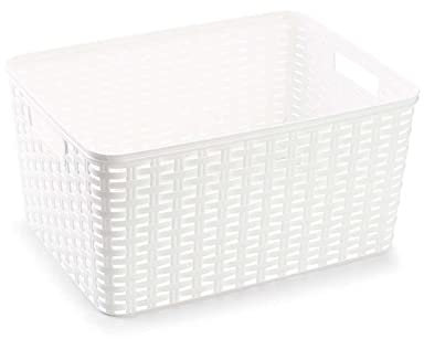 Acan Tradineur - Cesta Rattan N.º 5 - Fabricado en plástico - Almacenamiento de Ropa, Productos de Limpieza - Capacidad de 18 L - 19 x 38,5 x 28,5 cm - Color: Blanco