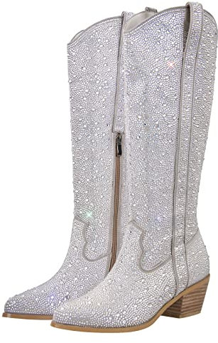 blingqueen Cowboy Stiefel Langschaft Glitzer Boots Westernabsatz Strass Westernstiefel Silber 37 EU