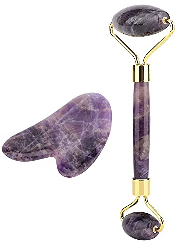 Verdant Touch Rodillo de jade de cuarzo, amatista natural, rodillo de piedra de jade de doble cabeza y placa de raspado Guasha, kit de herramientas de masaje facial
