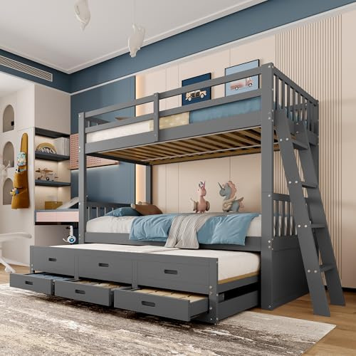 KUAKE Letto a Castello 90x200cm, Letto per Bambini, Casa Letto per Ragazze e Ragazzi, Struttura Doghe in Legno con Scala e Letto Estraibile 90x180cm e 3 Cassetti,Bianca，senza Materasso (Grigio)