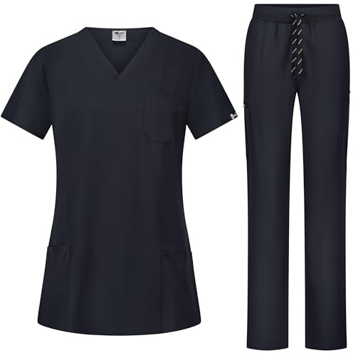 B-well Bella Women's Scrub Set, Slip-On Tunic and Slip-On Trousers Set, Medical Doctor Uniform, Slip-On Jacket, Top with Trousers, Medical Work Wear with Elastane, black, S
